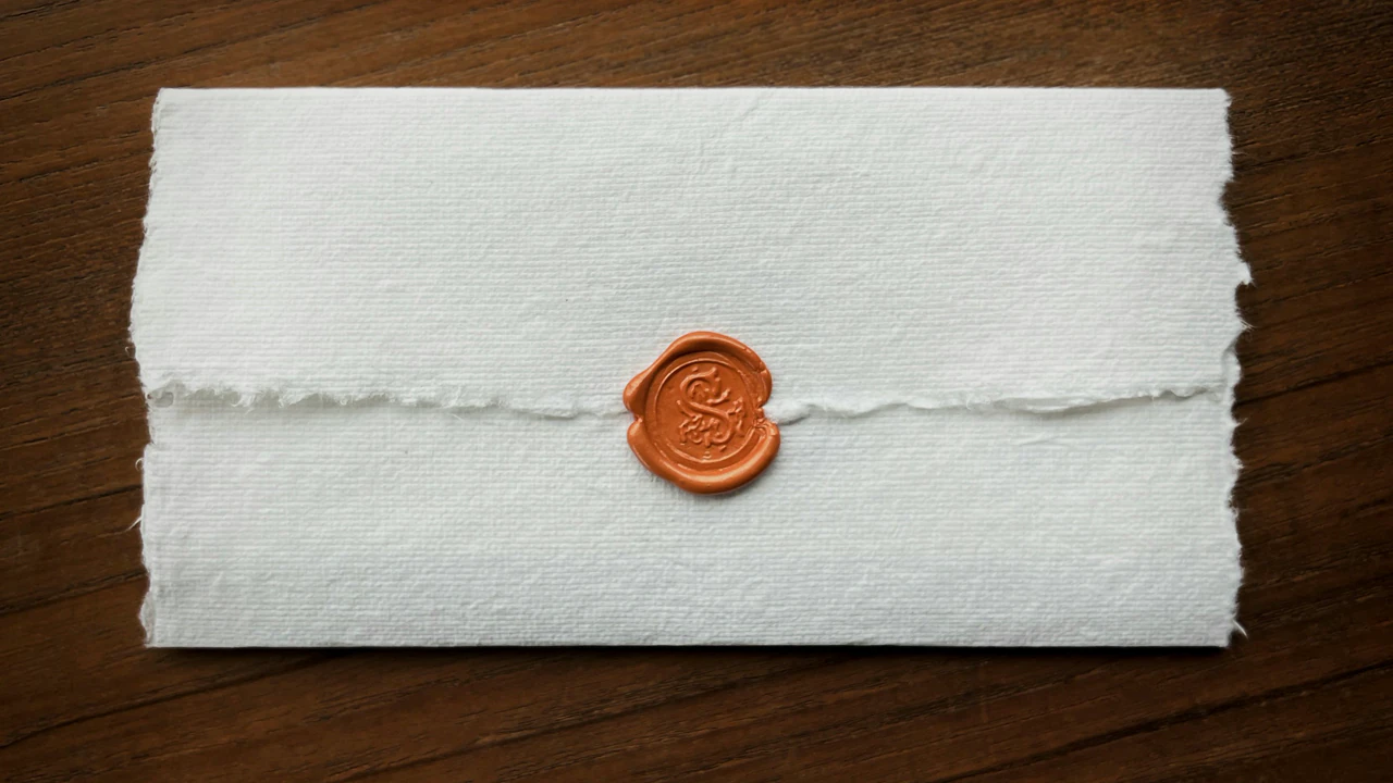 A sheet of paper folded once and closed with a wax seal, overhead, flat.