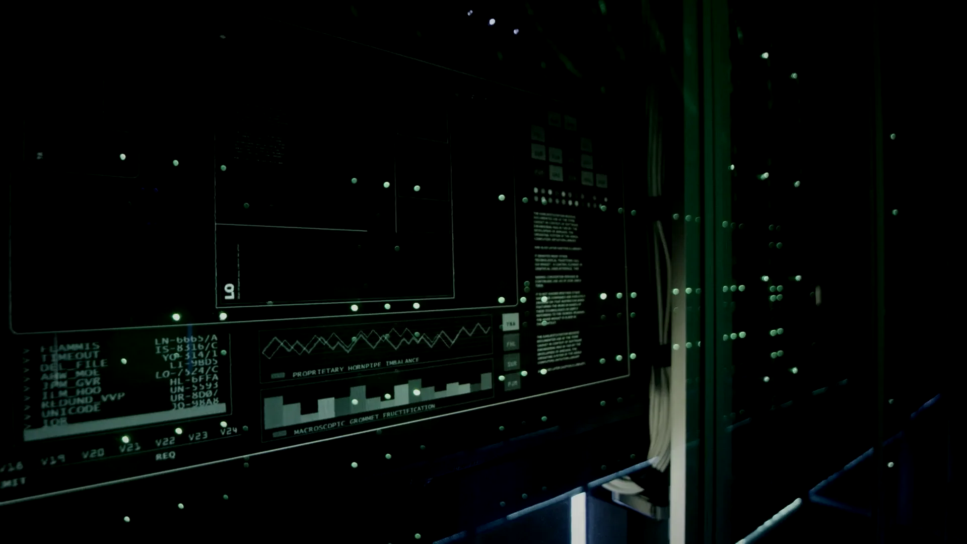 Rows of data on dark screens in a low-lit equipment room.