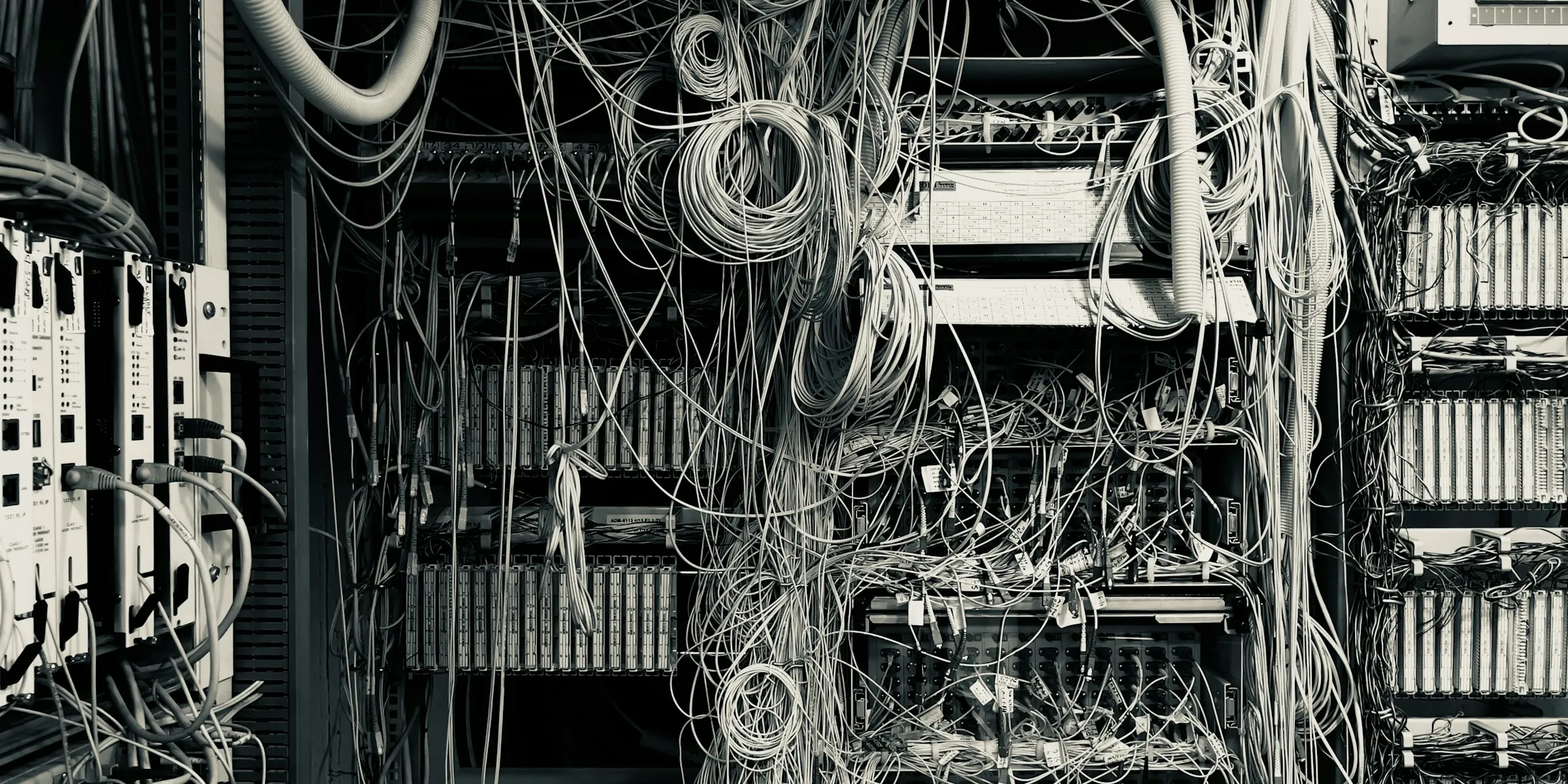 In black and white, a dense wall of patch cables and terminal blocks in a network cabinet.
