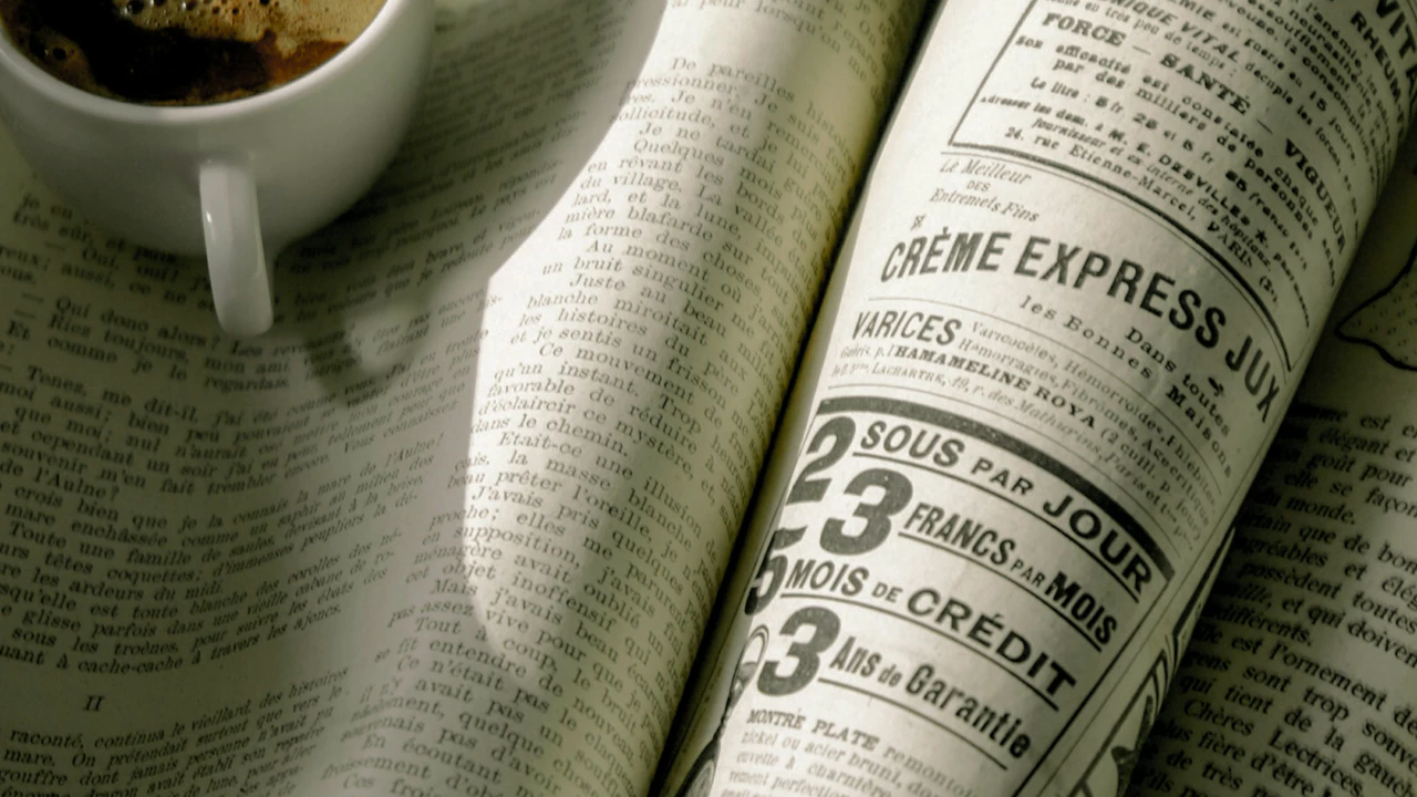 A folded newspaper and a mug on a desk edge, morning light.